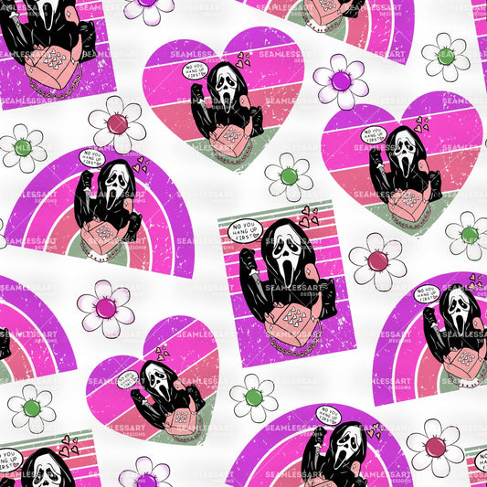 Pink Scream Retro Seamless Pattern – Hearts & Flowers Digital Paper for Slasher Fans Fabric