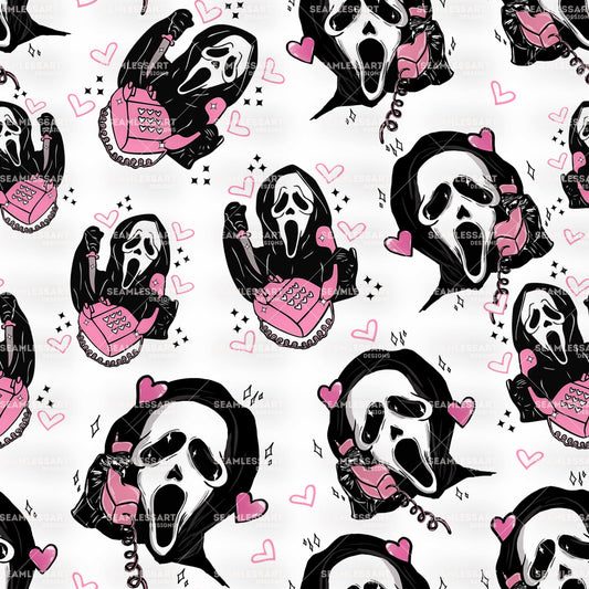 Pink Scream Retro Seamless Pattern – Stars & Hearts Digital Paper for Slasher Fans Fabric