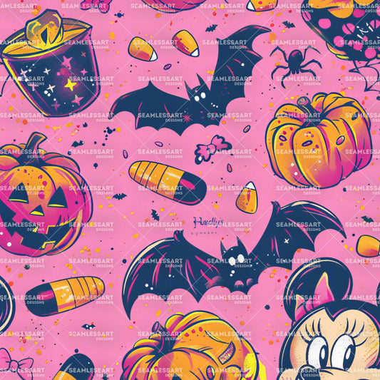 Pink Halloween Seamless Pattern – Neon Pumpkin & Bat Digital Paper for Kids Fabric & Decor