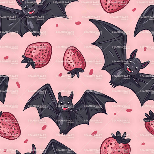 Cute Bat Seamless Pattern – Pink Strawberry & Cartoon Bat Digital Paper for Kids Fabric