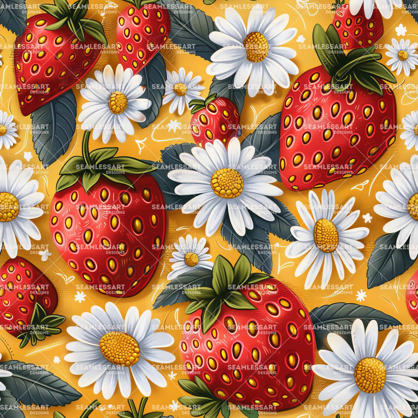 Strawberry & Daisy Seamless Pattern – Yellow Floral Fruit Digital Paper for Kitchen Decor