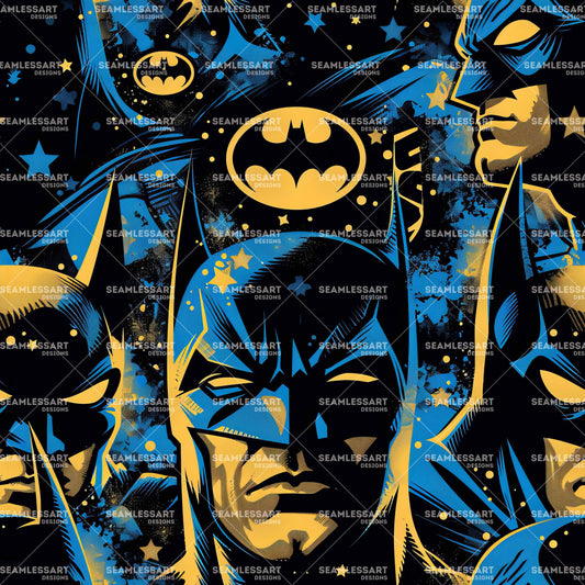Batman Graffiti Seamless Pattern – Blue & Gold Comic Superhero Digital Paper for Kids Fabric
