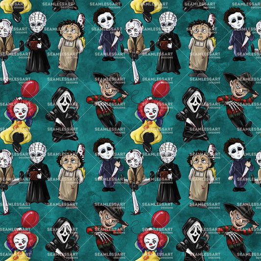 Spooky Horror Icons Seamless Pattern – Classic Slasher & Halloween Characters Digital Paper for Fabric, Wallpaper & Print Design