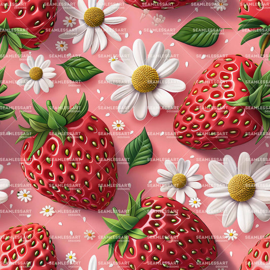 Strawberry & Daisy Seamless Pattern – Pink Floral Fruit Digital Paper for Kitchen Decor