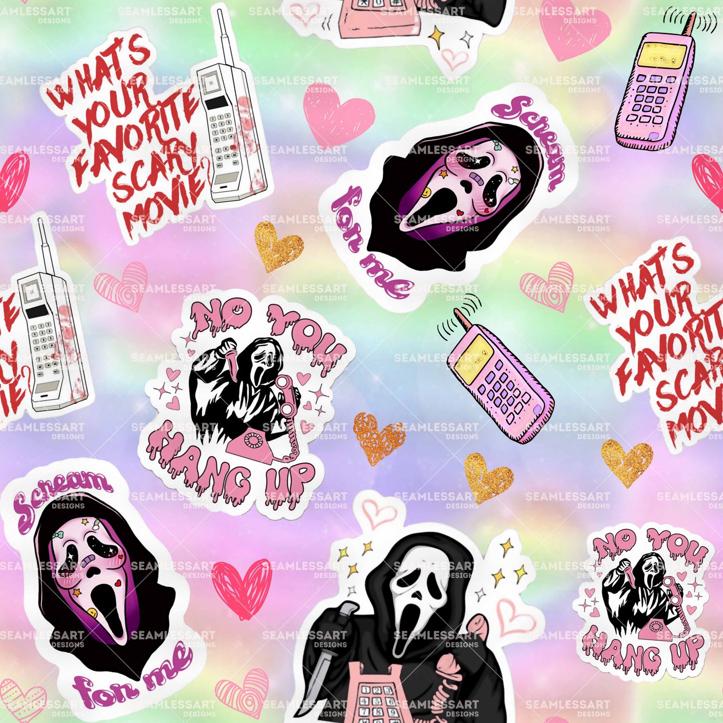 Pastel Scream Seamless Pattern – Horror Movie Sticker Digital Paper for Slasher Fans Fabric