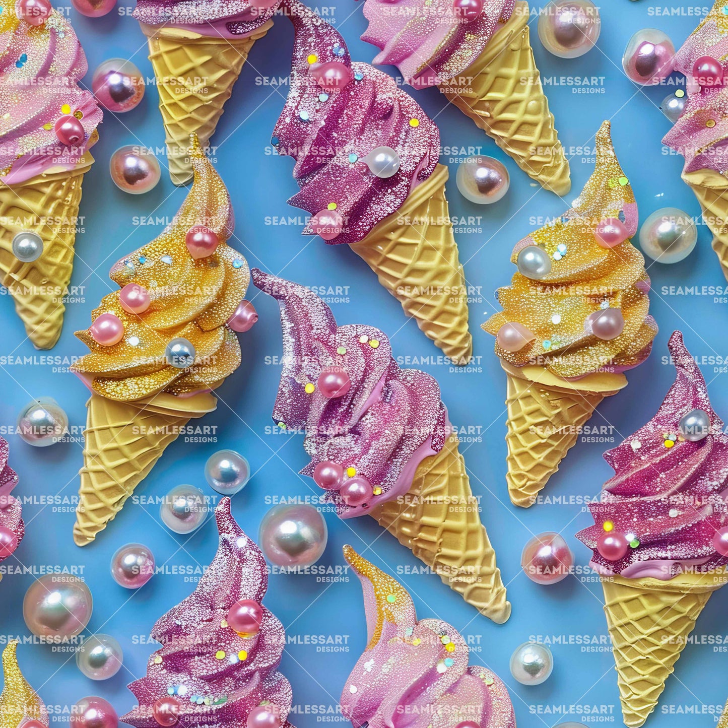 Sparkle Ice Cream Seamless Pattern – Pink & Gold Glitter Digital Paper for Kids Decor
