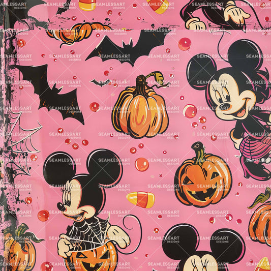 Minnie Halloween Seamless Pattern – Pink Pumpkin & Bat Digital Paper for Kids Fabric & Decor