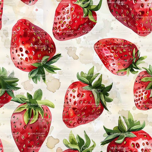 Watercolor Strawberry Seamless Pattern – Bright Red Fruit Digital Paper for Kitchen Decor