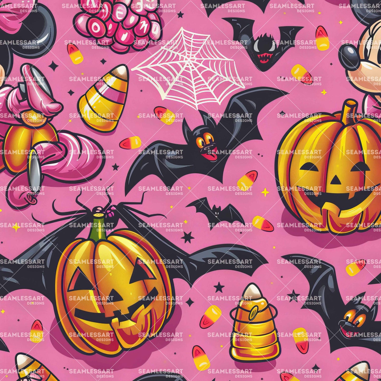 Mickey & Minnie Halloween Seamless Pattern – Pink Pumpkin Digital Paper for Kids Fabric