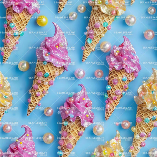 Sparkle Ice Cream Seamless Pattern – Pink & Yellow Bead Digital Paper for Kids Fabric & Decor