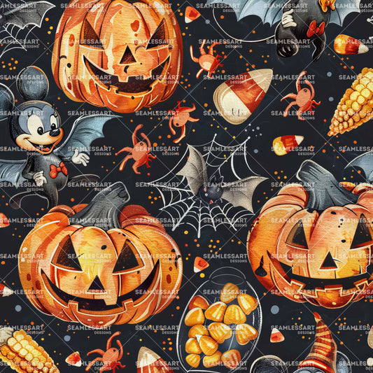 Mickey Halloween Seamless Pattern – Dark Pumpkin & Candy Digital Paper for Kids Fabric & Decor