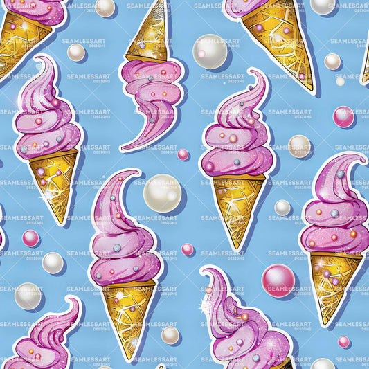 Sparkle Ice Cream Seamless Pattern – Pink & Gold Diamond Digital Paper for Kids Decor
