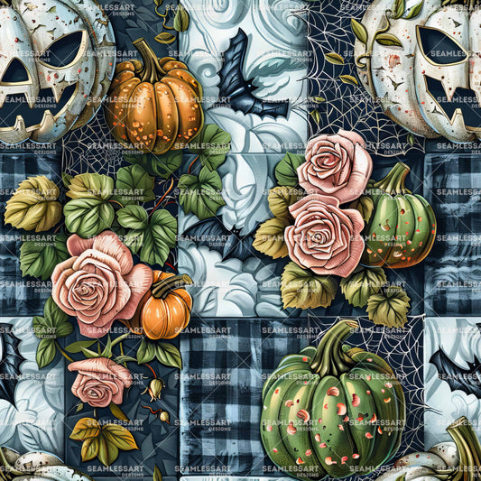 Halloween Patchwork Seamless Pattern – Pumpkin & Rose Plaid Digital Paper for Gothic Decor
