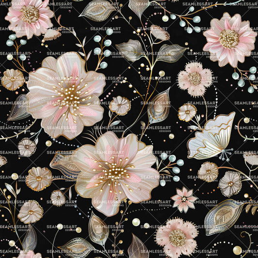 Gold Embroidery Floral Seamless Pattern – Pink Flower & Butterfly Digital Paper for Decor