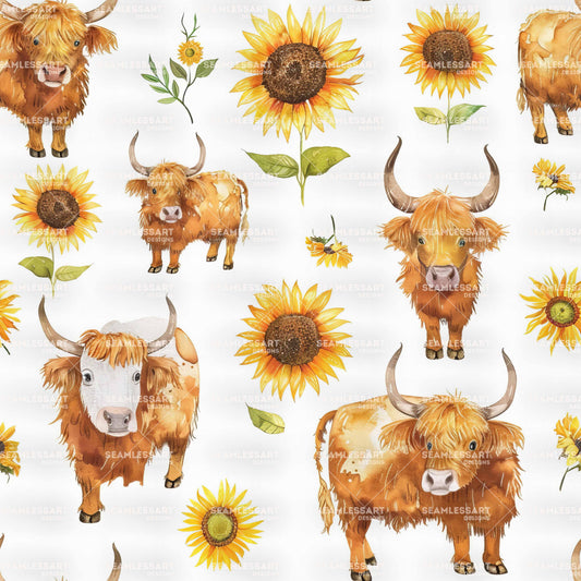 Watercolor Cow Seamless Pattern – Highland Cow & Sunflowers Digital Paper for Farmhouse Decor