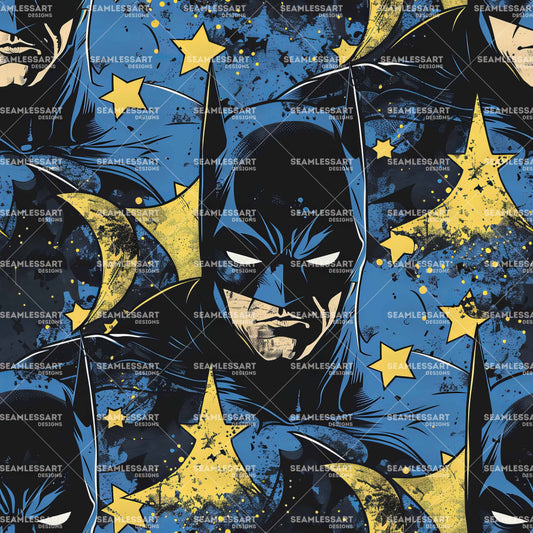 Batman Graffiti Seamless Pattern – Blue & Yellow Star Digital Paper for Kids Fabric & Decor
