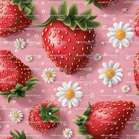 Strawberry & Daisy Seamless Pattern – Pink Fruit & White Bead Digital Paper for Kitchen Decor