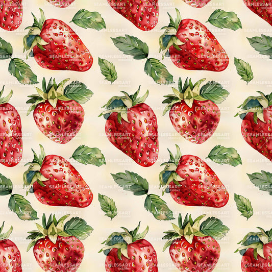 Watercolor Strawberry Seamless Pattern – Red Fruit & Mint Leaf Digital Paper for Kitchen Decor
