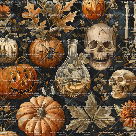 Halloween Skull Seamless Pattern – Gothic Potion & Pumpkin Digital Paper for Horror Decor