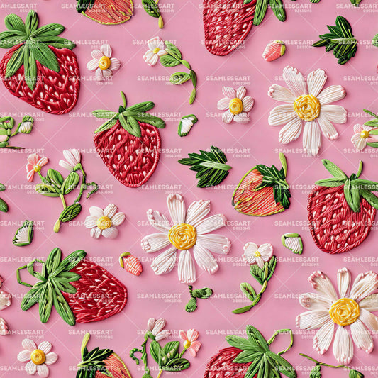 Strawberry Embroidery Seamless Pattern – Pink Fruit & Daisy Digital Paper for Kids Fabric