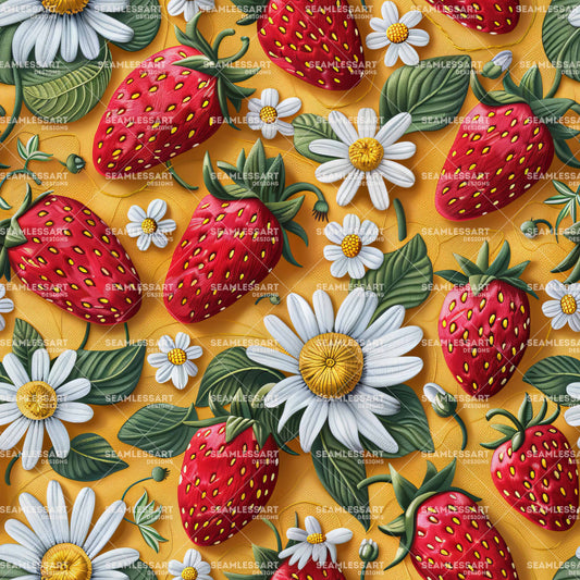 Strawberry & Daisy Seamless Pattern – Red Fruit on Yellow Canvas Digital Paper for Kitchen