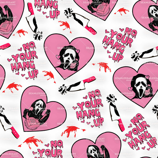 Pink Scream Retro Seamless Pattern – "No You Hang Up" Hearts Digital Paper for Slasher Fans