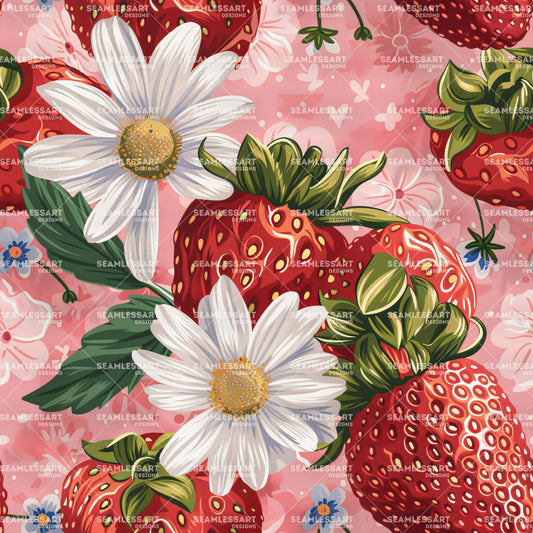 Watercolor Strawberry Seamless Pattern – Large Daisy & Red Fruit Digital Paper for Decor