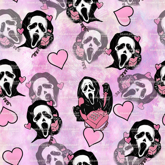 Pink Scream Retro Seamless Pattern – Sketched Hearts & Phone Digital Paper for Slasher Fans