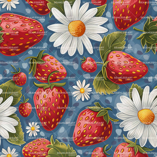 Strawberry & Daisy Seamless Pattern – Red Fruit on Blue Stone Digital Paper for Kitchen Decor