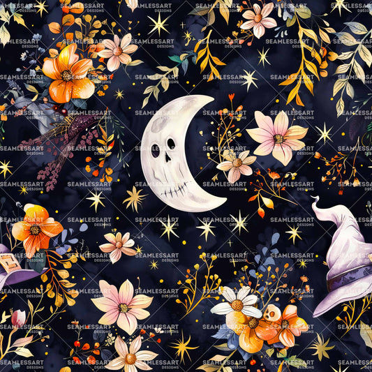 Witchy Halloween Seamless Pattern – Moon & Floral Digital Paper for Celestial Gothic Decor