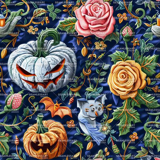 Halloween Embroidery Seamless Pattern – Pumpkin & Owl Digital Paper for Kids Fabric & Decor