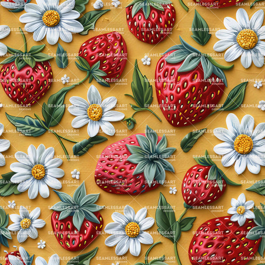 Strawberry & Daisy Seamless Pattern – Red Fruit on Yellow Fabric Digital Paper for Kitchen