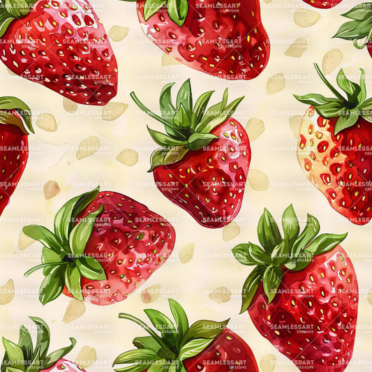 Watercolor Strawberry Seamless Pattern – Red Fruit & Leaf Digital Paper for Kitchen Decor