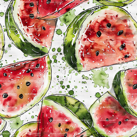 Watercolor Watermelon Seamless Pattern – Red Fruit Splash Digital Paper for Kitchen Decor