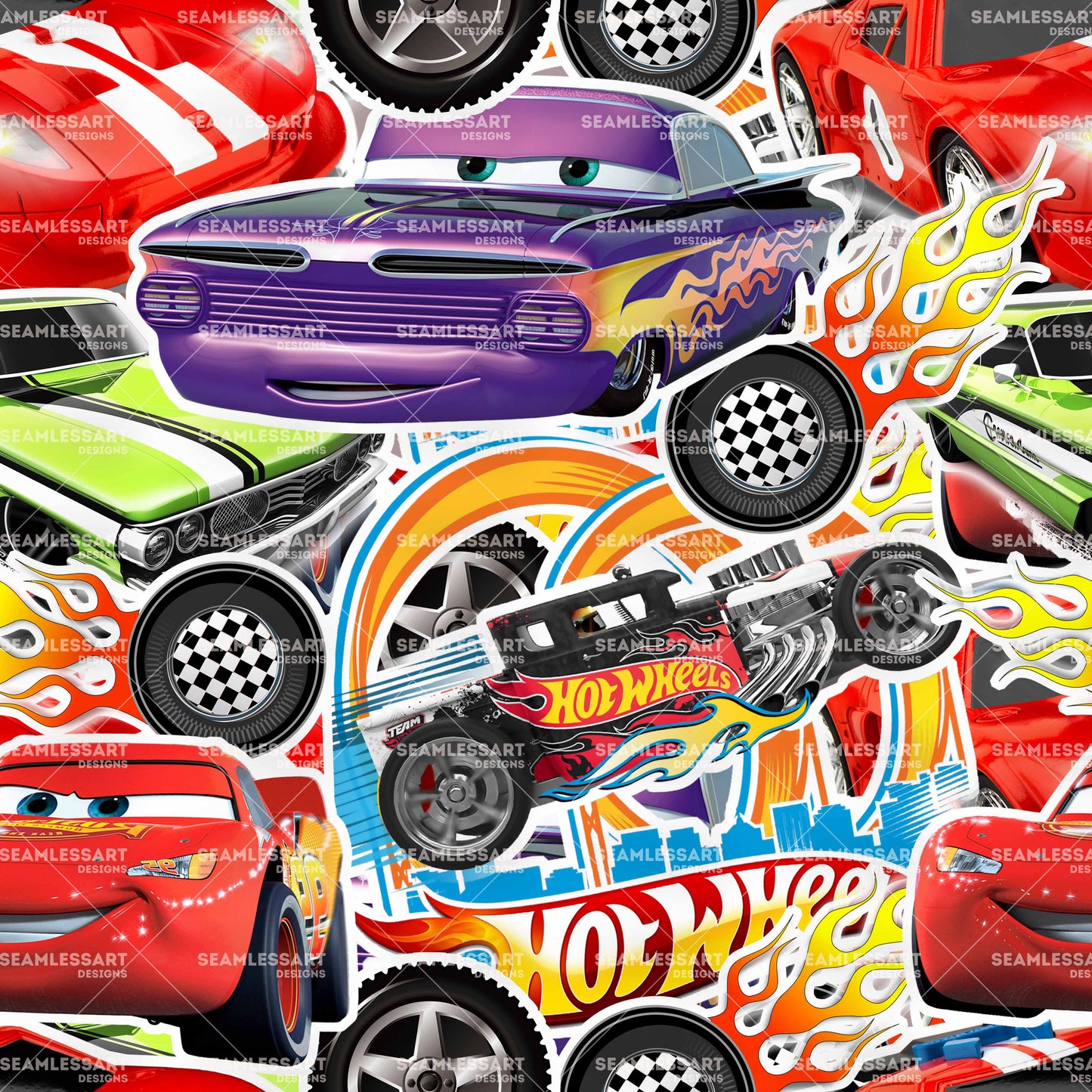 Lightning McQueen Cars Seamless Pattern – Hot Wheels & Cartoon Racing Cars Digital Paper for Fabric, Wallpaper & Print Design