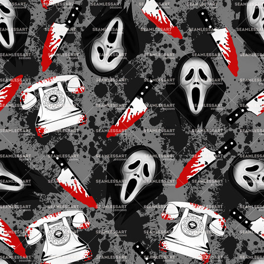 Scream Halloween Seamless Pattern – Bloody Knife & Phone Digital Paper for Horror Decor
