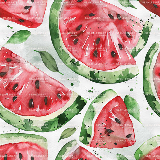 Watercolor Watermelon Seamless Pattern – Red Fruit Slices Digital Paper for Kitchen Decor
