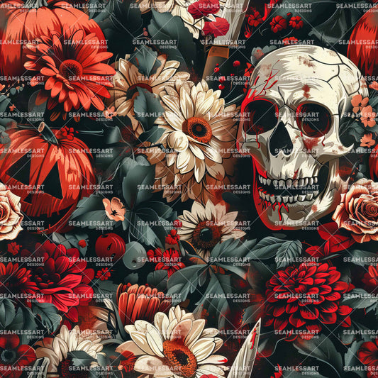 Halloween Skull Seamless Pattern – Gothic Pumpkin & Red Floral Digital Paper for Horror Decor