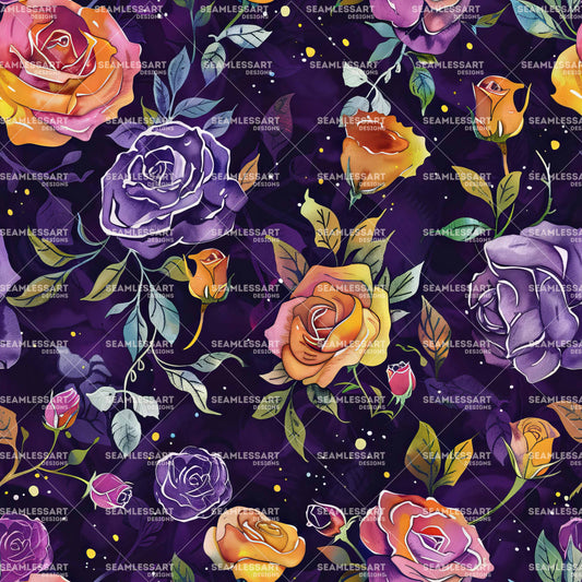 Watercolor Rose Seamless Pattern – Purple & Orange Flower Digital Paper for Celestial Decor