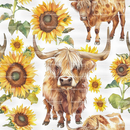 Watercolor Cow Seamless Pattern – Highland Cow & Sunflowers Digital Paper for Farmhouse Decor