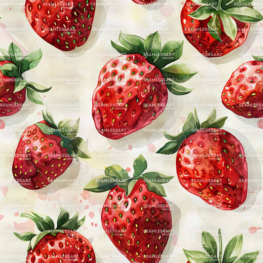 Watercolor Strawberry Seamless Pattern – Bright Red Fruit Digital Paper for Kitchen Decor
