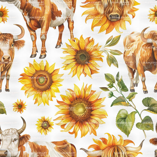 Watercolor Cow Seamless Pattern – Highland Cow Portraits & Sunflowers for Farmhouse Decor