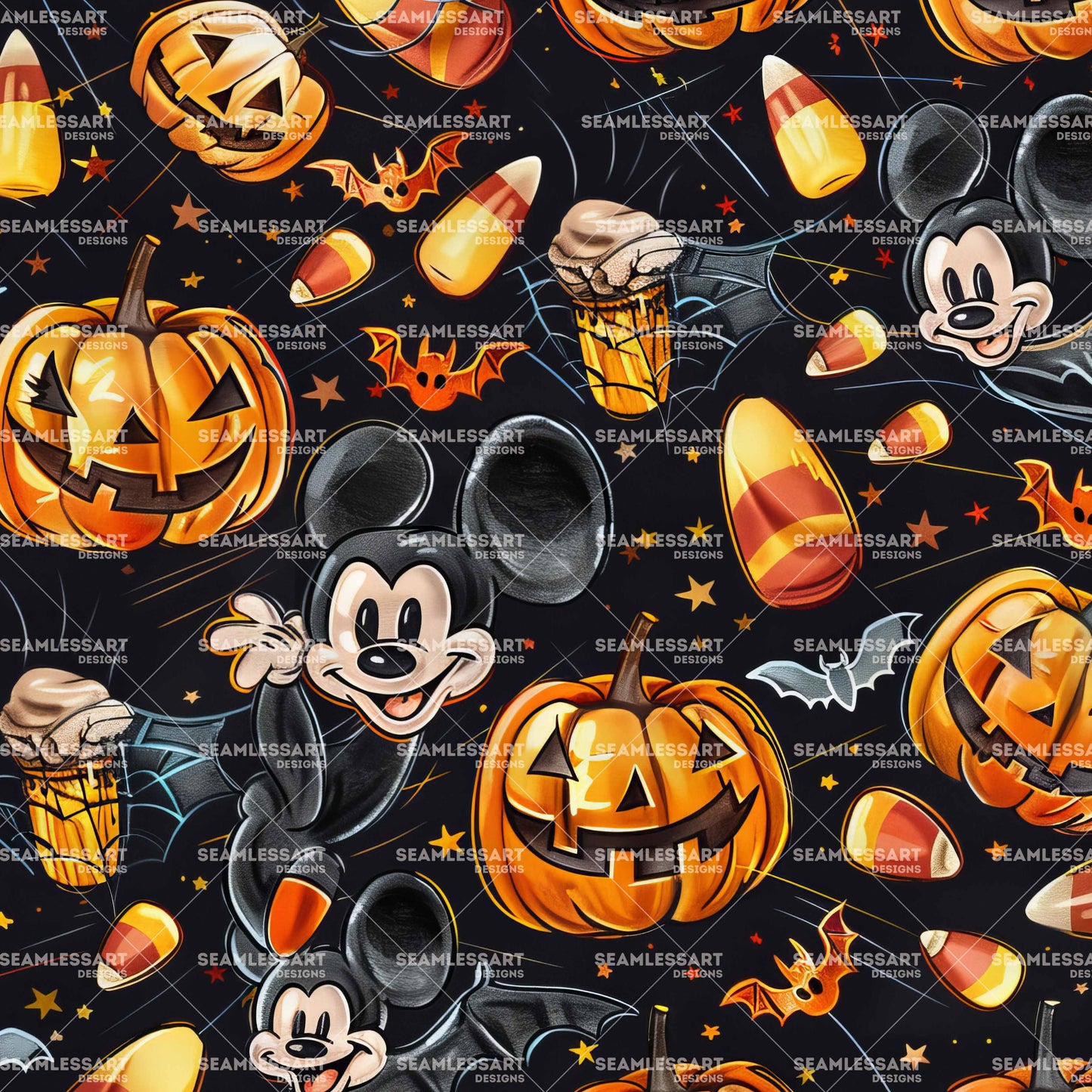 Mickey Halloween Seamless Pattern – Dark Pumpkin & Candy Digital Paper for Kids Fabric & Decor