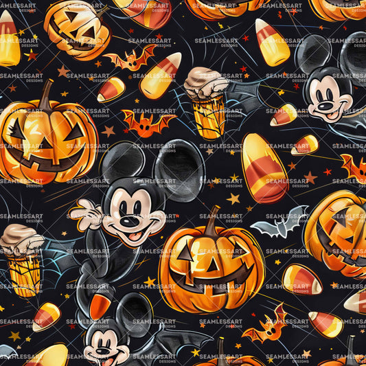 Mickey Halloween Seamless Pattern – Dark Pumpkin & Candy Digital Paper for Kids Fabric & Decor