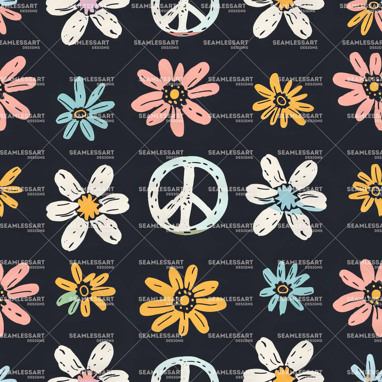 Retro Peace Seamless Pattern – Hippie Floral & Daisy Digital Paper for Boho Kids Fabric
