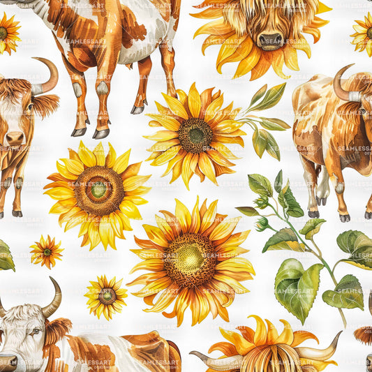 Watercolor Cow Seamless Pattern – Highland Cow & Sunflowers Digital Paper for Farmhouse Decor