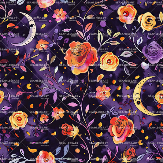 Watercolor Rose Seamless Pattern – Moon & Floral Digital Paper for Celestial Gothic Decor
