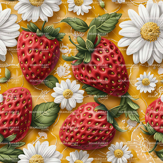 Strawberry & Daisy Seamless Pattern – Red Fruit on Yellow Canvas Digital Paper for Kitchen