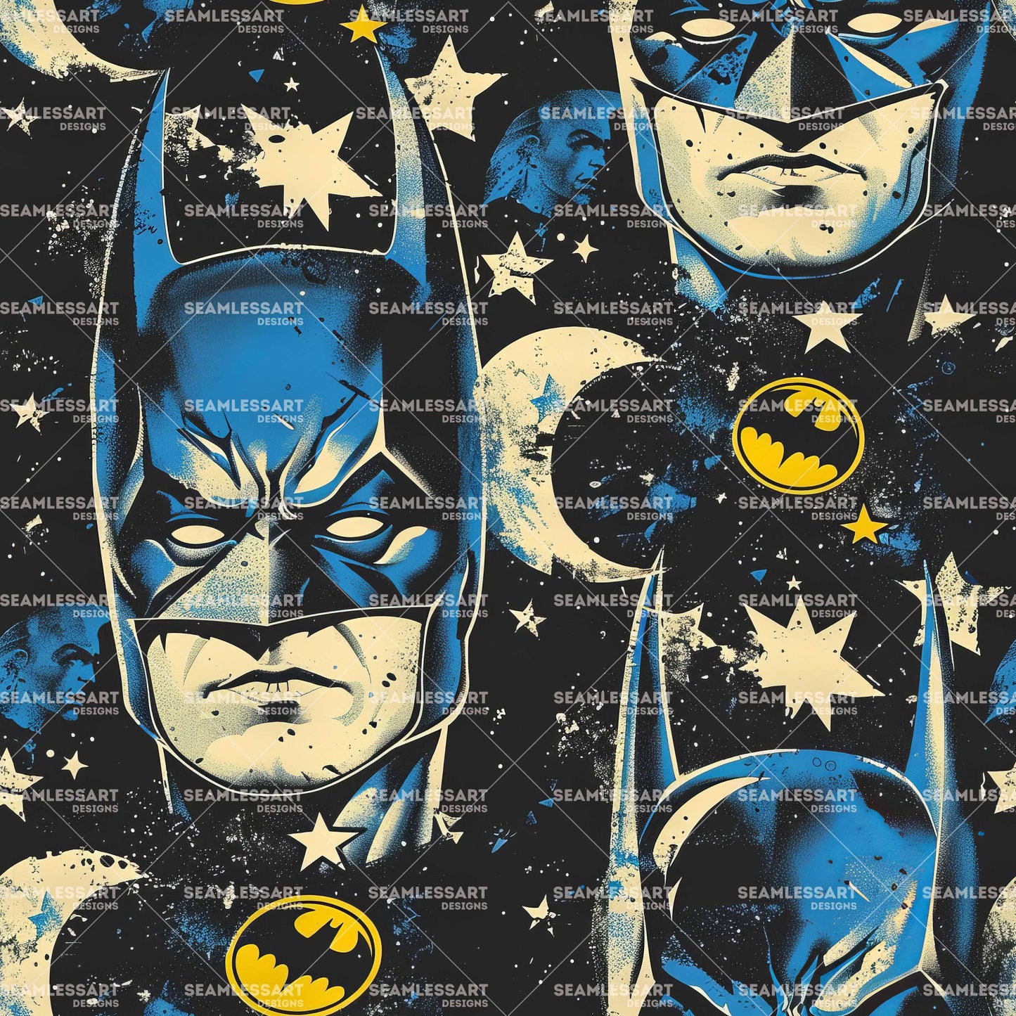 Batman Graffiti Seamless Pattern – Blue Comic Hero & Moon Digital Paper for Kids Fabric & Decor