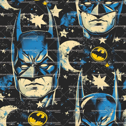 Batman Graffiti Seamless Pattern – Blue Comic Hero & Moon Digital Paper for Kids Fabric & Decor